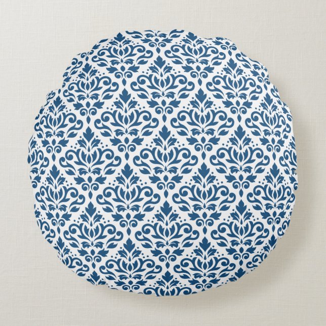 Scroll Damask Ptn DK Blauw op Wit Rond Kussen (Voorkant)