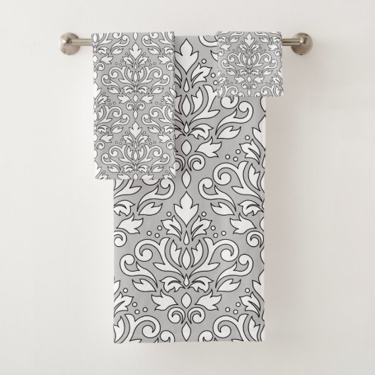 Scroll Damask Ptn Mix White (zwarte lijn) Grey Bad Handdoek (Insitu)