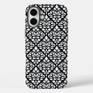 Scroll Damask White op Black Pattern iPhone 16 Plus Hoesje
