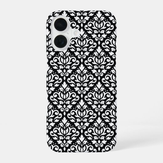 Scroll Damask White op Black Pattern iPhone 16 Hoesje (Achterkant)