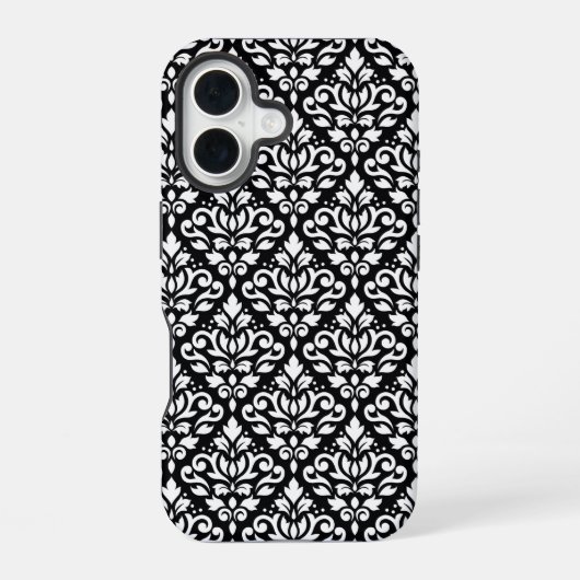 Scroll Damask White op Black Pattern iPhone 16 Hoesje (Achterkant)
