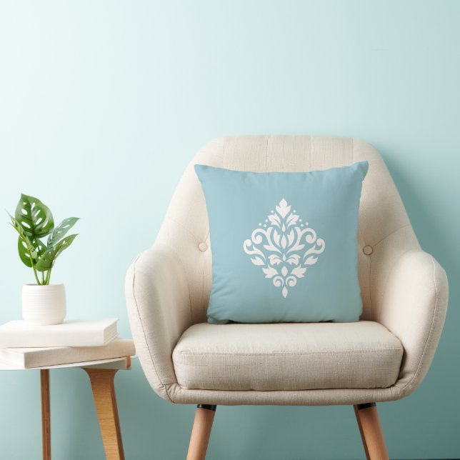 Scroll Damask Wit op Blauw Kussen (Stoel)