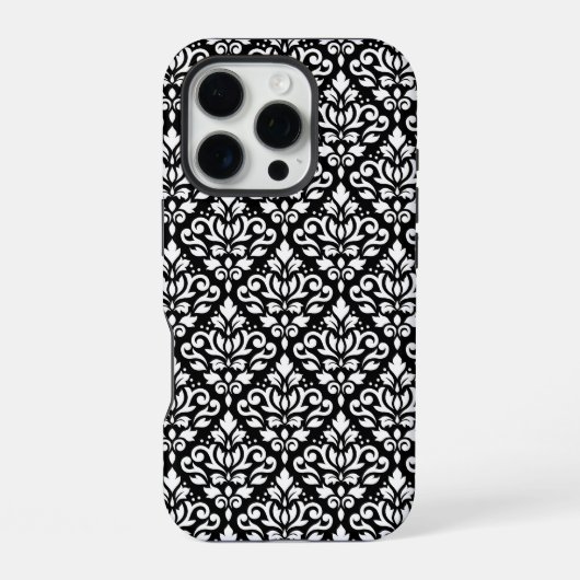 Scroll Damask Wit op Zwart Patroon iPhone Hoesje (Achterkant)