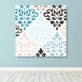 Scroll Damask XLg Pattern Art Teals Browns Wit Canvas Afdruk (Insitu (Houten vloer))