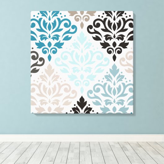 Scroll Damask XLg Pattern Art Teals Browns Wit Canvas Afdruk (Insitu (Houten vloer))