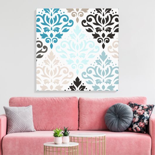 Scroll Damask XLg Pattern Art Teals Browns Wit Canvas Afdruk (Insitu (Woonkamer))