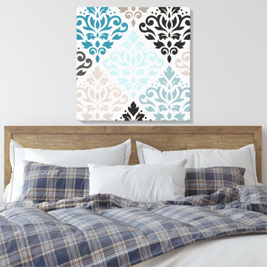 Scroll Damask XLg Pattern Art Teals Browns Wit Canvas Afdruk (Insitu (Slaapkamer))
