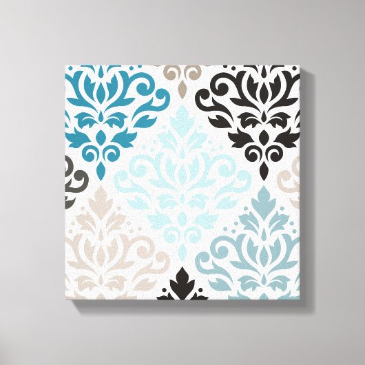 Scroll Damask XLg Pattern Art Teals Browns Wit Canvas Afdruk (Voorkant)