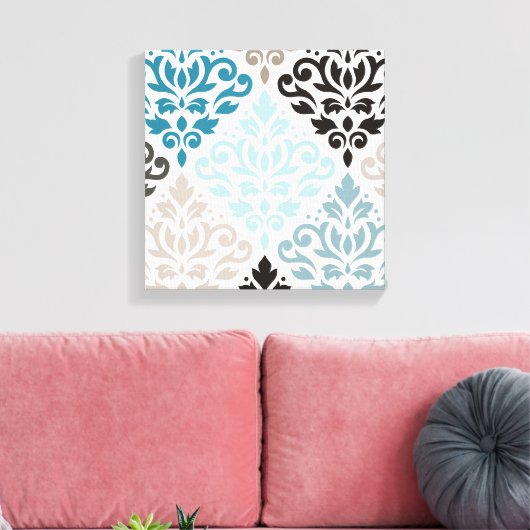 Scroll Damask XLg Pattern Art Teals Browns Wit Canvas Afdruk (Insitu (Woonkamer))