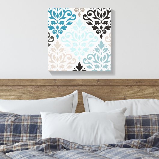 Scroll Damask XLg Pattern Art Teals Browns Wit Canvas Afdruk (Insitu (Slaapkamer))