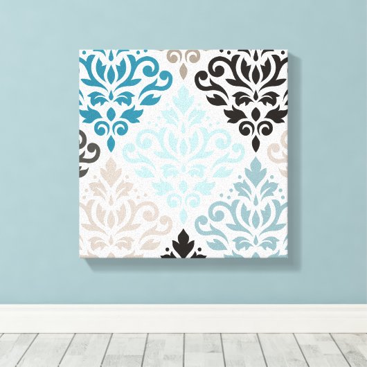 Scroll Damask XLg Pattern Art Teals Browns Wit Canvas Afdruk (Insitu (Houten vloer))
