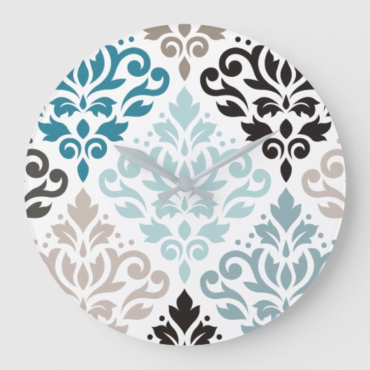 Scroll Damask XLg Pattern Art Teals Browns Wit Grote Klok (Voorkant)