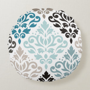 Scroll Damask XLg Pattern Art Teals Browns Wit Rond Kussen