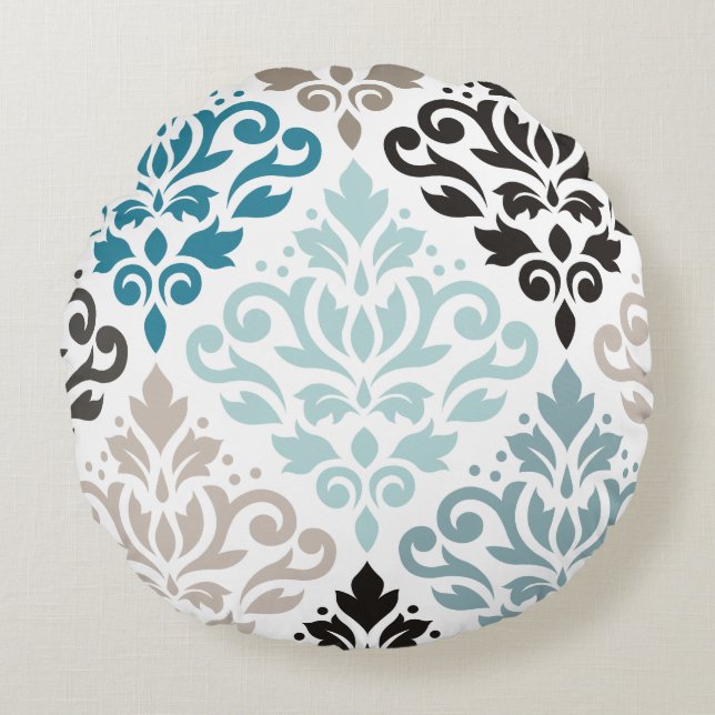Scroll Damask XLg Pattern Art Teals Browns Wit Rond Kussen (Voorkant)