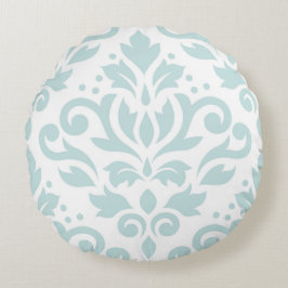 Scroll Damask XLg Ptn Lt Duck Egg Blue op Wit Rond Kussen