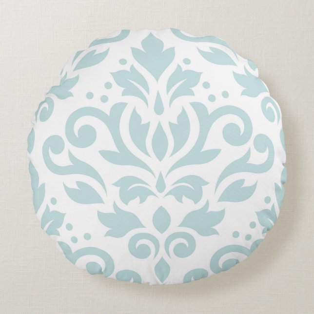 Scroll Damask XLg Ptn Lt Duck Egg Blue op Wit Rond Kussen (Voorkant)