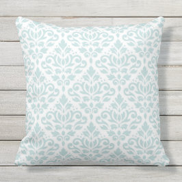 Scroll Damast Groot Ptn Lt Duck Egg Blauw op Wit Buitenkussen