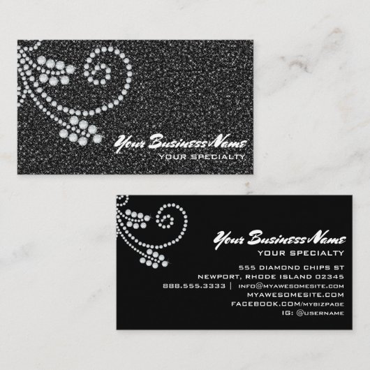 *~* Scroll Diamonds Black Glitter Luxe Glam Bling  Visitekaartje (Voorkant / Achterkant)
