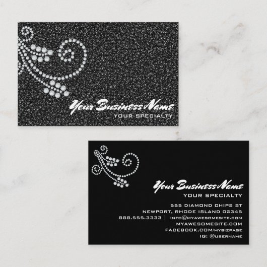 *~* Scroll Diamonds zwart Glitter Bling Luxe Visitekaartje (Voorkant / Achterkant)