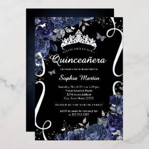 Scroll Floral Butterfly Black Navy Quinceanera Folie Uitnodiging