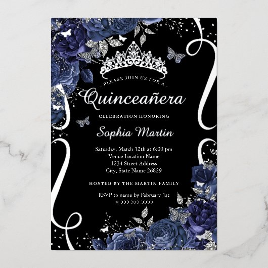 Scroll Floral Butterfly Black Navy Quinceanera Folie Uitnodiging (Voorkant)