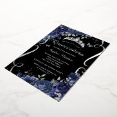 Scroll Floral Butterfly Black Navy Quinceanera Folie Uitnodiging (Gedraaid)