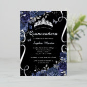 Scroll Floral Butterfly Black Navy Quinceanera Folie Uitnodiging (Staand Voorkant)