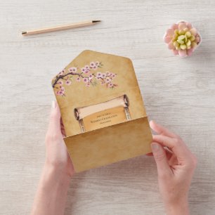 Scroll Japanse kersenbloesem bruiloft vieren All In One Uitnodiging