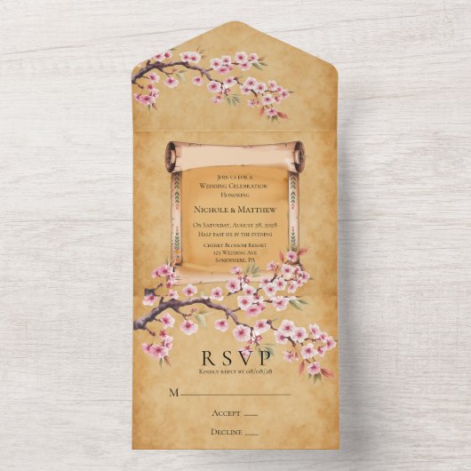 Scroll Japanse kersenbloesem bruiloft vieren All In One Uitnodiging (Binnen)