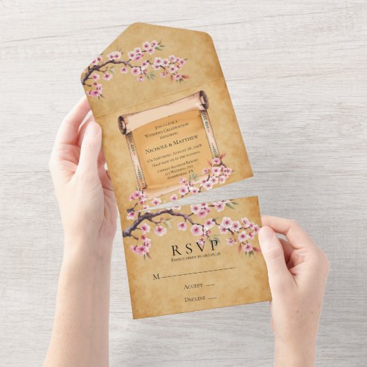 Scroll Japanse kersenbloesem bruiloft vieren All In One Uitnodiging (Afscheurbaar)