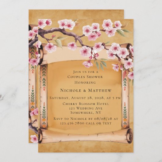 Scroll Japanse Kersenbloesem Koppels Douche Kaart (Voorkant / Achterkant)