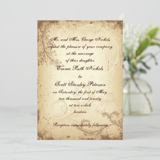 Scroll leaf  bruin beige huwelijksuitnodiging kaart (Staand voorkant)