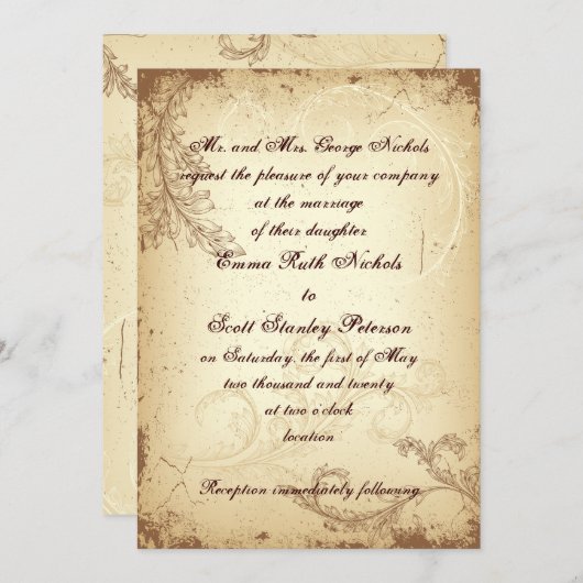 Scroll leaf  bruin beige huwelijksuitnodiging kaart (Voorkant / Achterkant)
