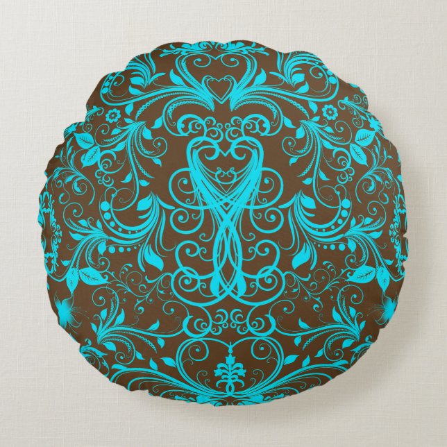 Scroll Work, Aqua Blue-Round Sierkussen Rond Kussen (Voorkant)