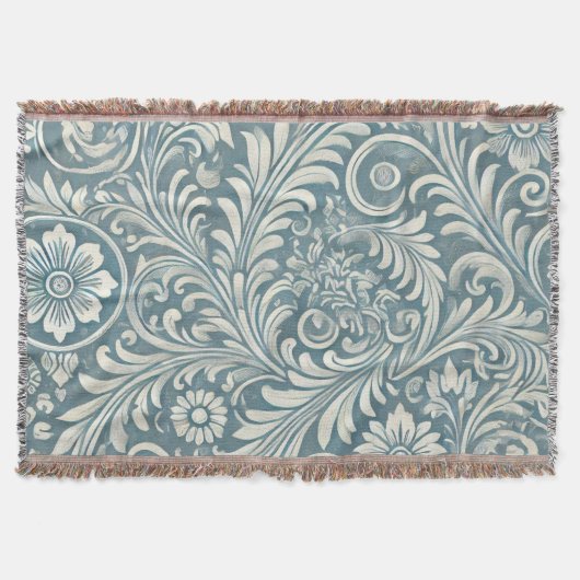 Scrolling Damask Pattern in Zacht Blauw en Ivoor Deken (Voorkant)