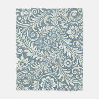 Scrolling Damask Pattern in Zacht Blauw en Ivoor Fleece Deken