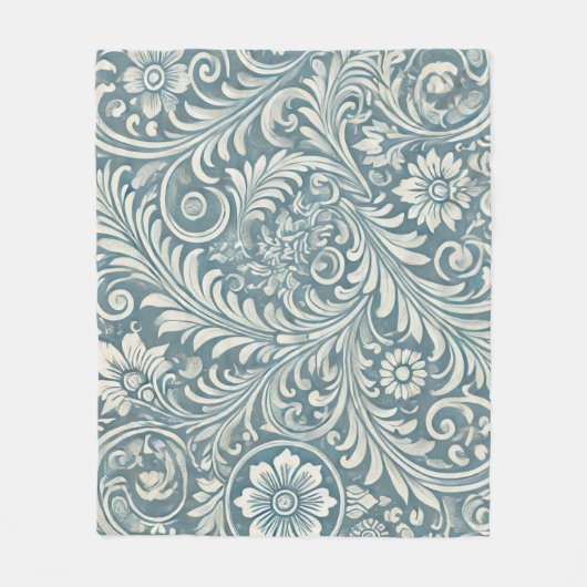 Scrolling Damask Pattern in Zacht Blauw en Ivoor Fleece Deken (Voorkant)