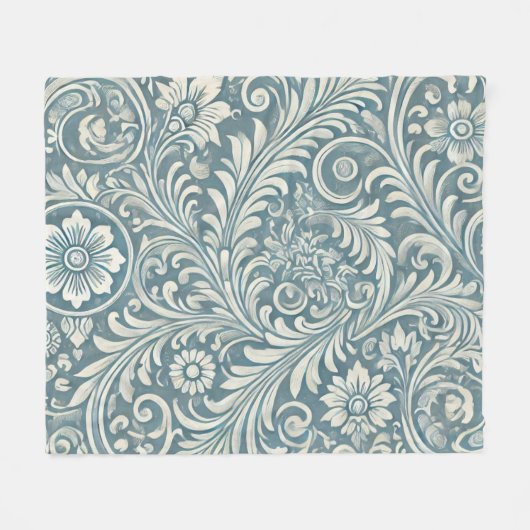 Scrolling Damask Pattern in Zacht Blauw en Ivoor Fleece Deken (Voorkant (Horizontaal))
