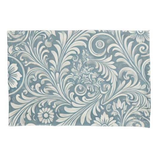 Scrolling Damask Pattern in Zacht Blauw en Ivoor Kussensloop (Voorkant)