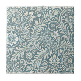 Scrolling Damask Pattern in Zacht Blauw en Ivoor Tegeltje