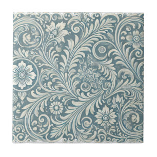 Scrolling Damask Pattern in Zacht Blauw en Ivoor Tegeltje