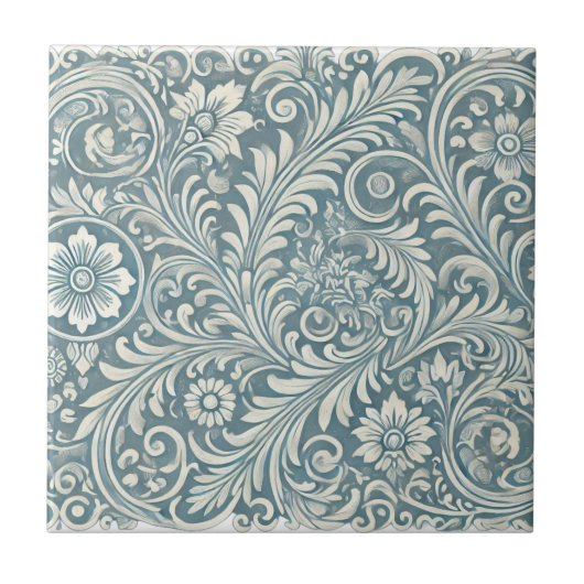 Scrolling Damask Pattern in Zacht Blauw en Ivoor Tegeltje (Voorkant)