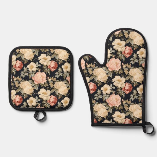 Scrolls met rozen Victoriaans stijl Ovenwant & Pannenlap Set (Voorkant)