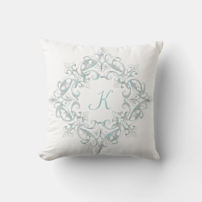  Scrollwork Aqua Monogram Pillow Kussen (Voorkant)