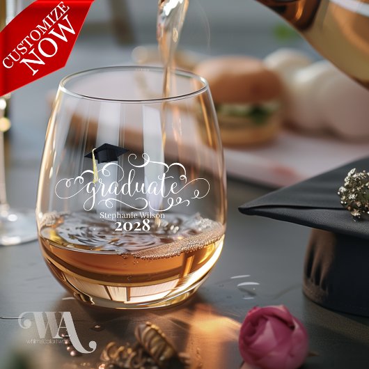 Scrolly Afstuderen Naam en Jaar Wijnglas Zonder Voet