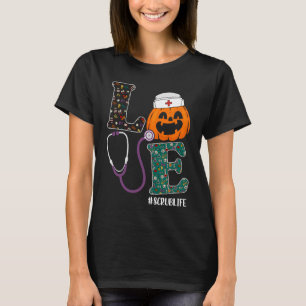 scrub verpleegster halloween enge pompoen liefde v t-shirt