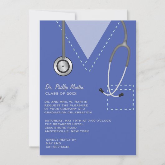Scrubs Blue Medical Afstuderen Invitation Kaart (Voorkant)