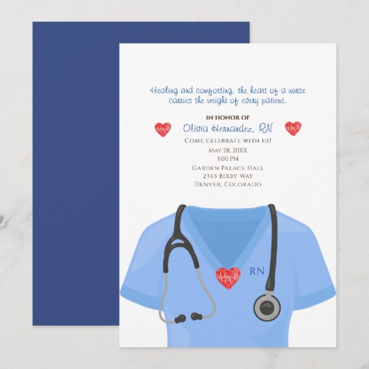Scrubs, Stethoscoop en Heart Nursing Invitation Kaart (Voorkant / Achterkant)