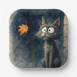 Scruffy Black Alley Cat met een herfstblad Papieren Bordje