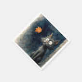 Scruffy Black Alley Cat met een herfstblad Servet (Hoek)